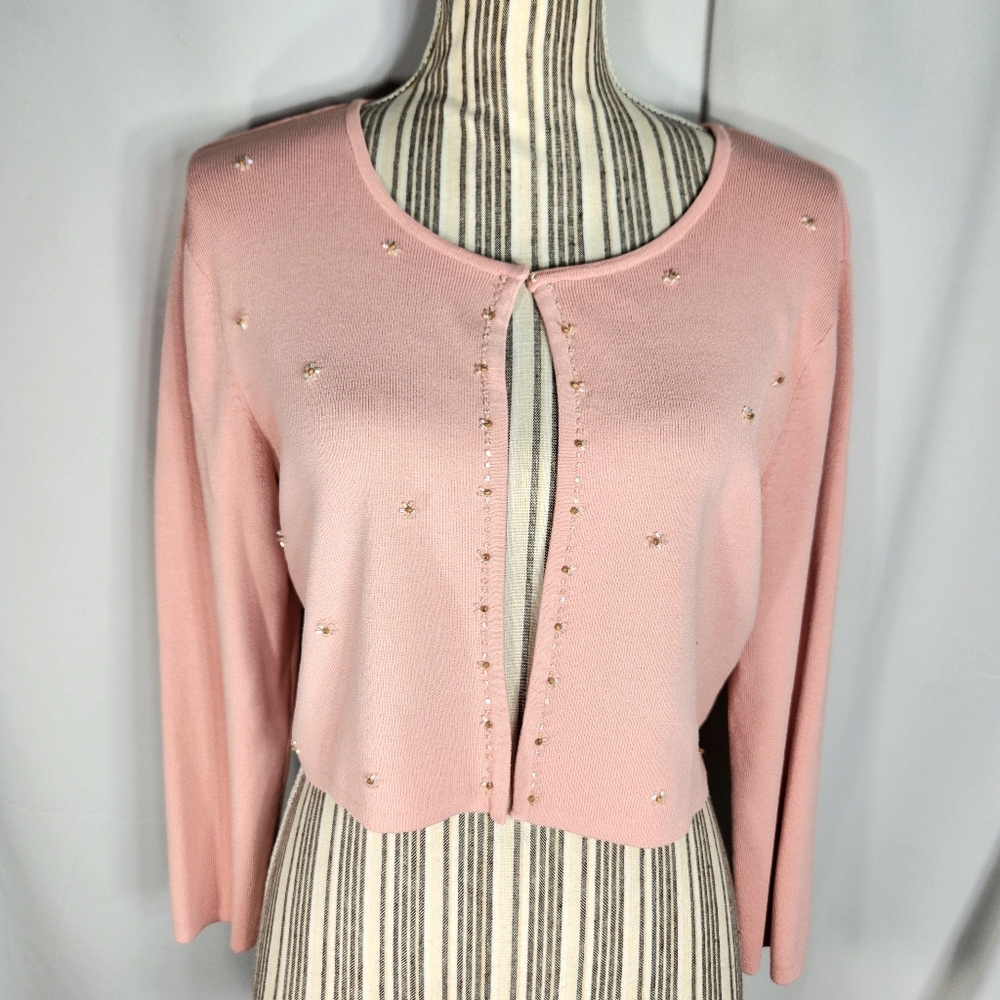 dressbarn Pink Long Sleeve Beaded One Hook & Thread Closure Cardigan Size 12